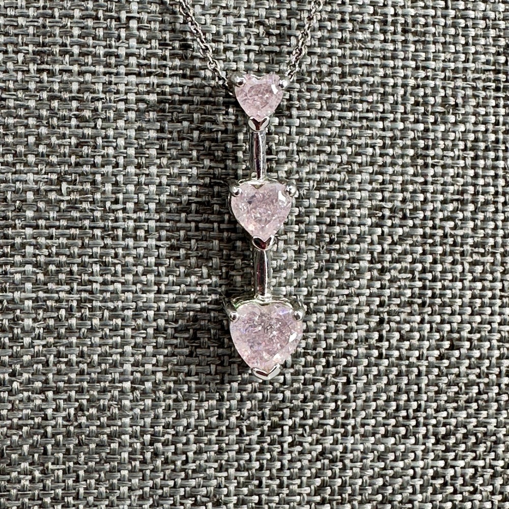 Sterling Silver Pink Heart Triple Drop Pendant Necklace 925 Italy 18 Inch Chain - Picture 3 of 6